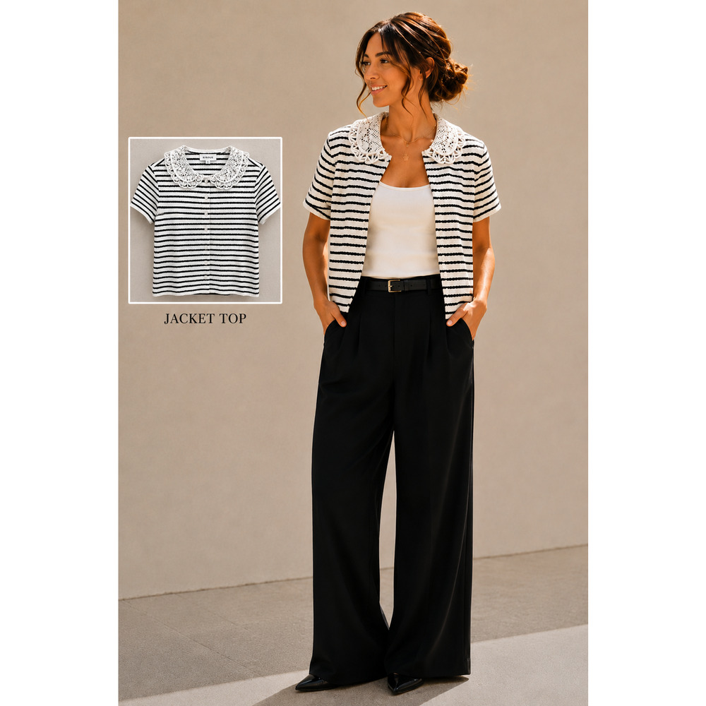Kirious Los Angeles Black & White Stripe Lace Collar Knit Top Small Coastal Chic